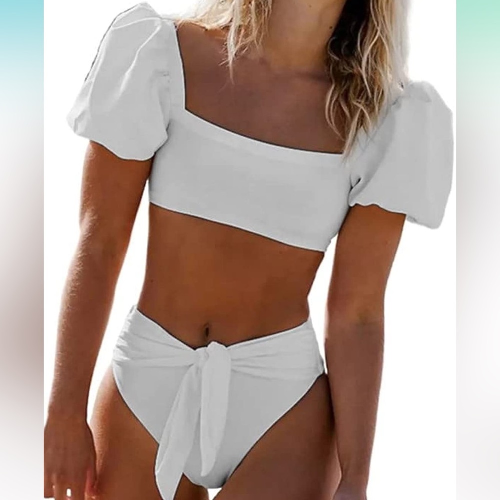 Dokotoo Solid Bubble Sleeves High Waisted Two Piece Bikini Swimsuit Size L NEW